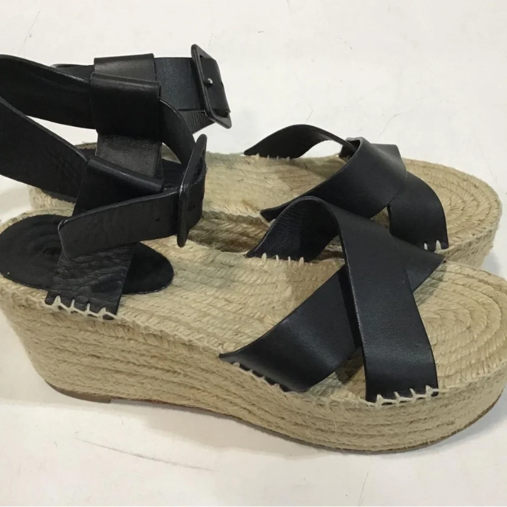 Women’s Chloe Isla Black Leather Platform Espadrille Sandals Size 38